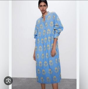 Zara Emroidered Floral Blue Dress